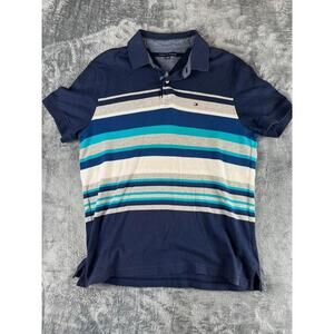 Tommy Hilfiger Men's Polo Shirt Large Navy Blue Multi-Color Striped Short Sleeve